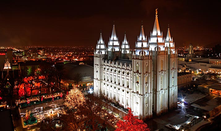 Salt Lake City mit dem Temple Square bei Nacht