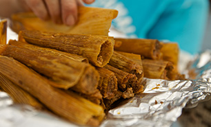 Tamales and shrimp at Doe’s Eat Place, Greenville